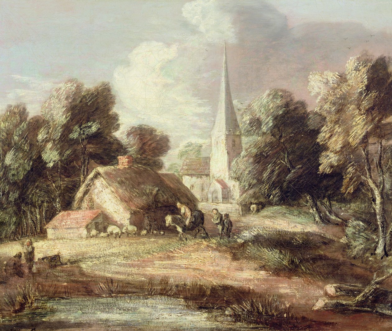 Paysage avec une église, cottage, villageois et animaux - Thomas Gainsborough