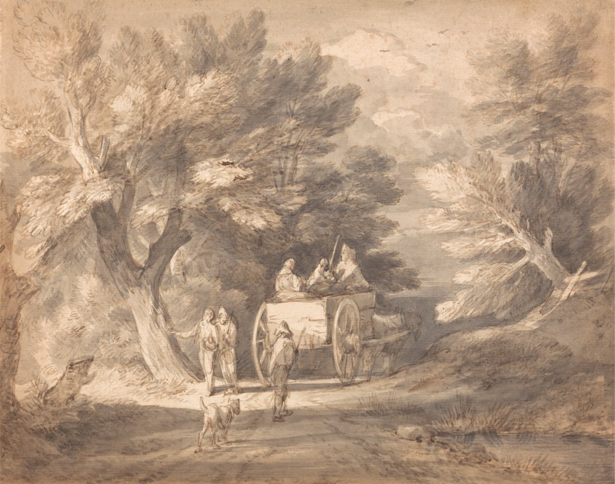 Paysage boisé avec charrette de campagne et personnages marchant dans une allée - Thomas Gainsborough