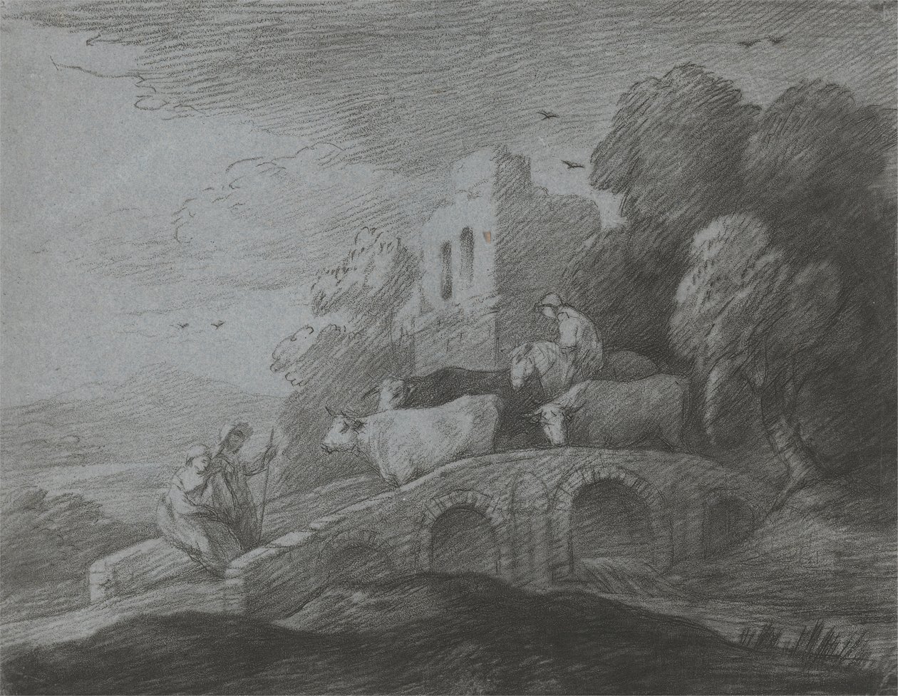 Paysage boisé avec berger conduisant du bétail sur un pont, amoureux rustiques et château en ruine - Thomas Gainsborough