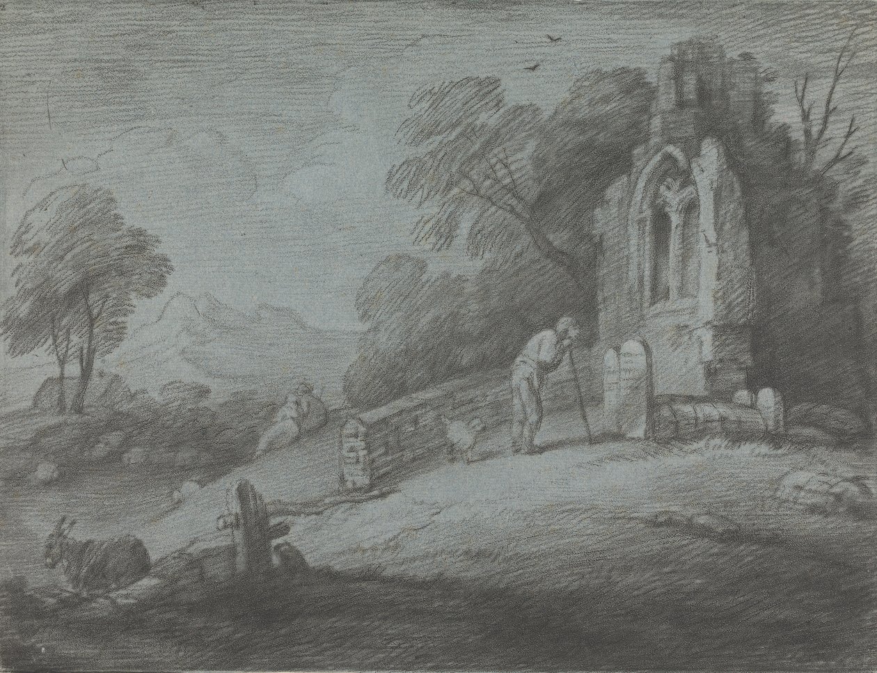 Paysage boisé avec paysan lisant une pierre tombale, amoureux rustiques et église en ruine - Thomas Gainsborough