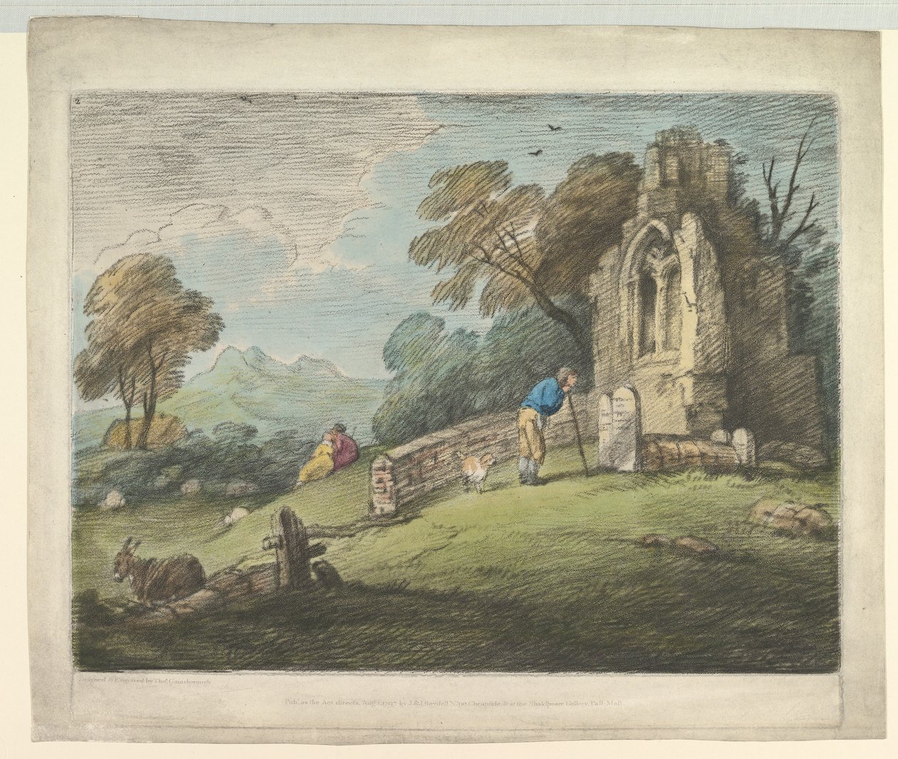 Paysage boisé avec paysan lisant une pierre tombale, amoureux rustiques et église en ruine - Thomas Gainsborough