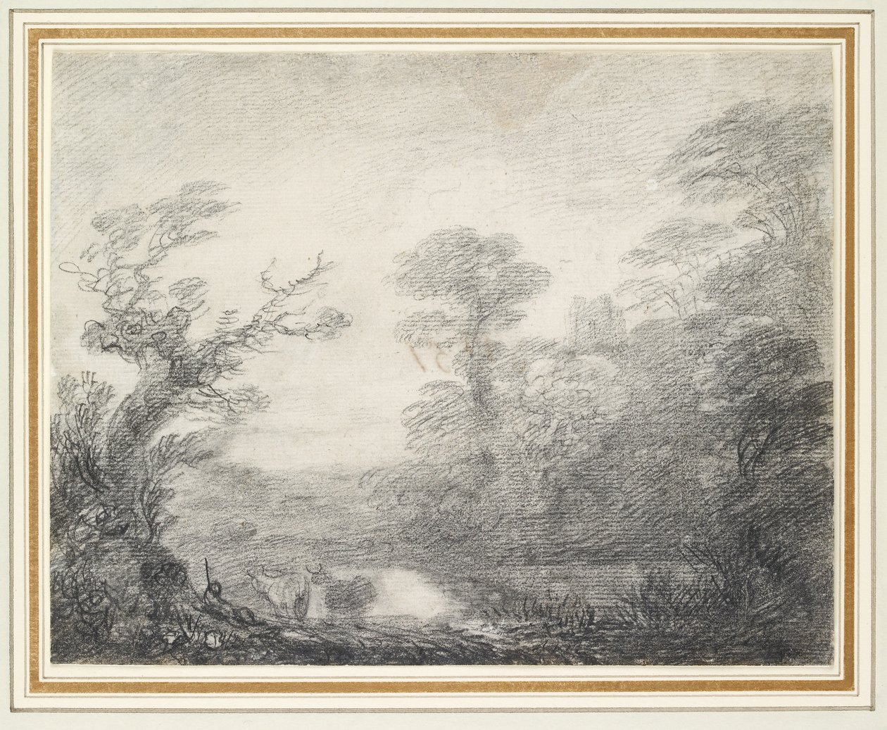 Paysage boisé avec berger, vaches et clocher - Thomas Gainsborough
