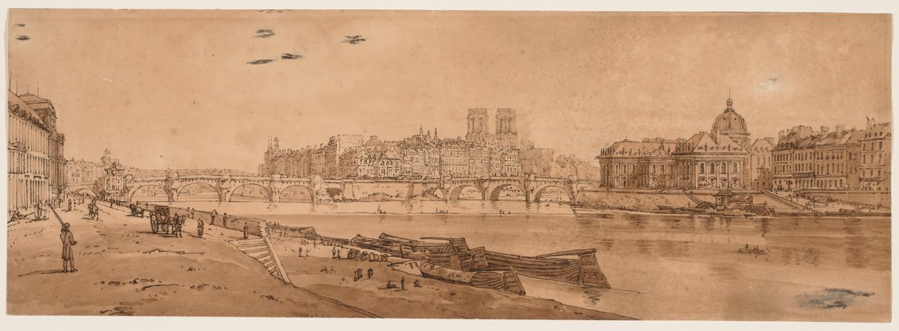 Une sélection de vingt des vues les plus pittoresques de Paris : Vue du Pont Neuf, partie du Louvre, Notre-Dame et le Collège des Quatre Nations - Thomas Girtin