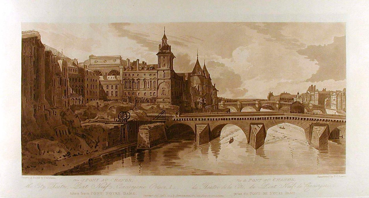 Vue du Pont au Change, du Théâtre de la Cité, du Pont Neuf, de la prison de la Conciergerie, etc., prise du Pont Notre-Dame - Thomas Girtin