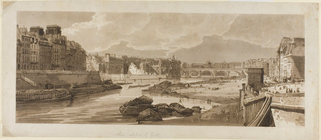 Vue de la ville avec le Louvre, etc., prise du Pont Marie, de Une sélection de vingt des vues les plus pittoresques de Paris - Thomas Girtin