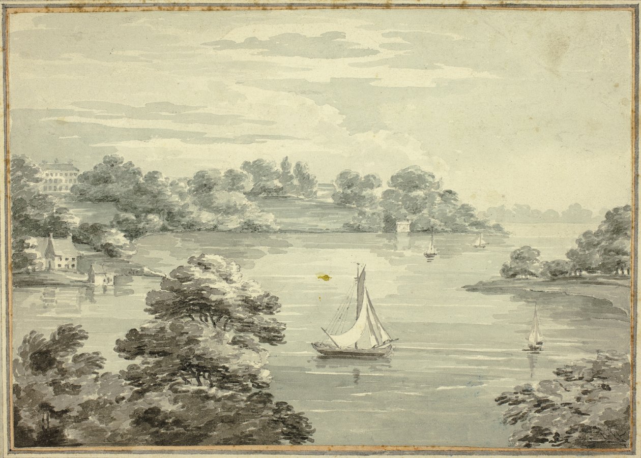 Voiliers sur le lac avec des maisons près du rivage - Thomas Hearne