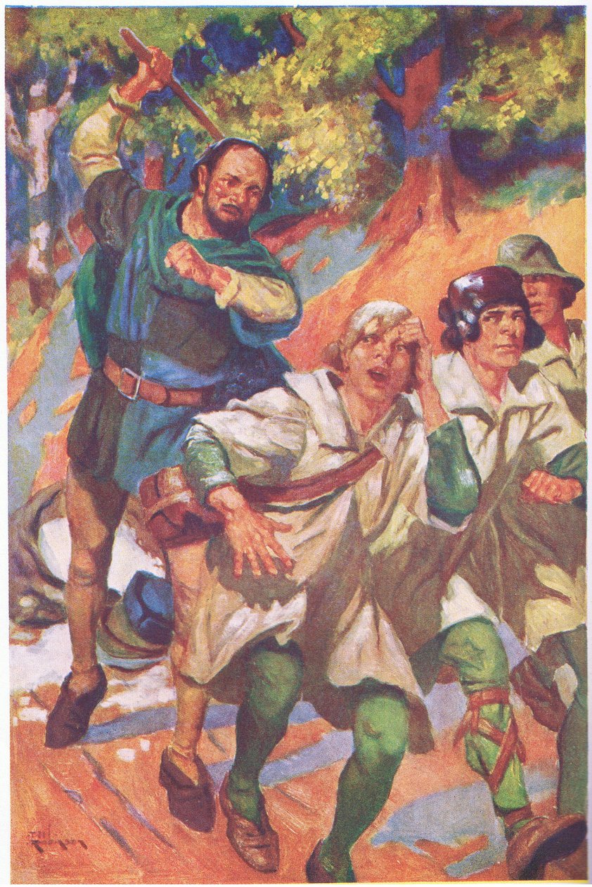 Il conduit les trois devant lui, leurs cris de rage et de douleur sont noyés dans ses éclats de rire (lithographie couleur). - Thomas Heath Robinson