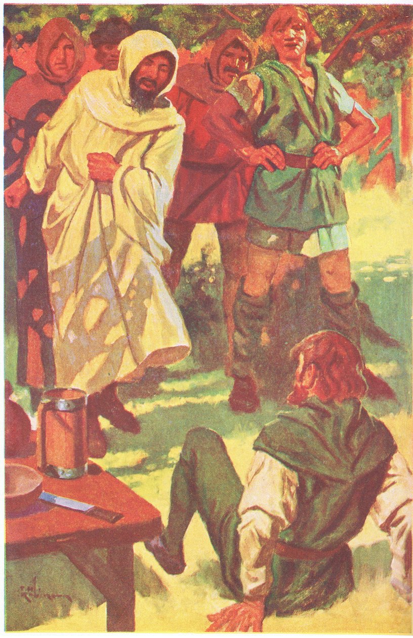 Il retroussa sa manche et, levant le bras, frappa le hors-la-loi en pleine poitrine (lithographie en couleur). - Thomas Heath Robinson
