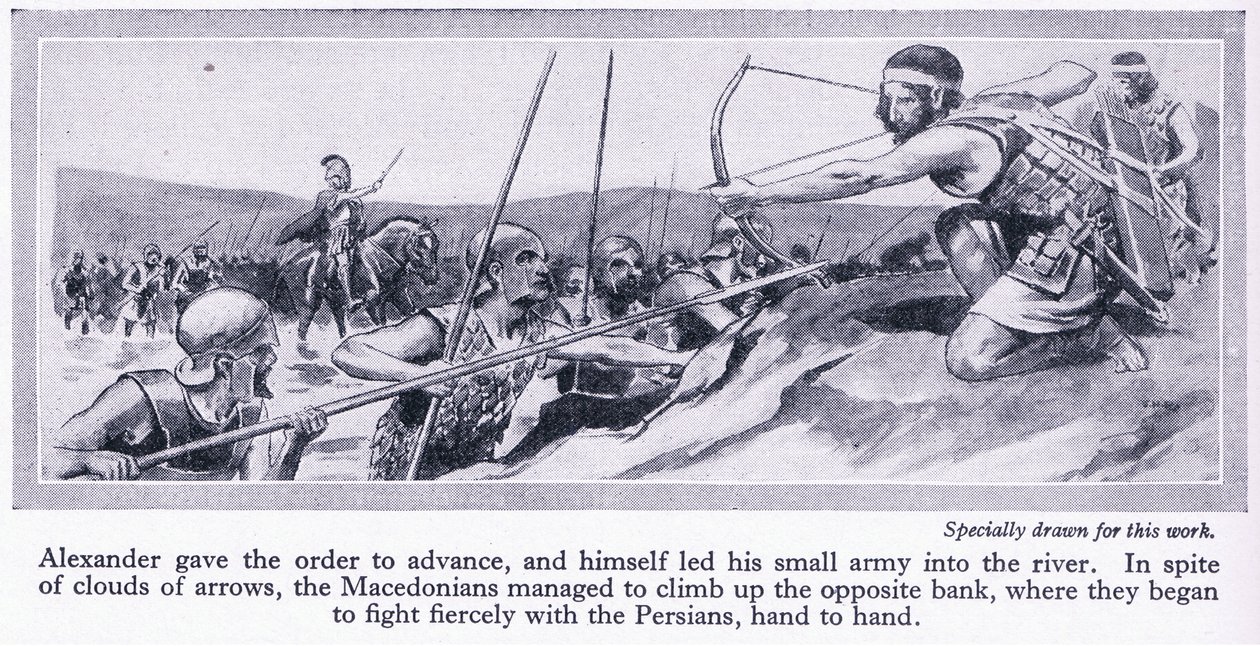 Comment Alexandre a conquis son empire : Darius, roi de Perse, a rassemblé une grande armée qui a été vaincue par les Macédoniens en 334 avant J.-C., vers 1950 (lithographie). - Thomas Heath Robinson