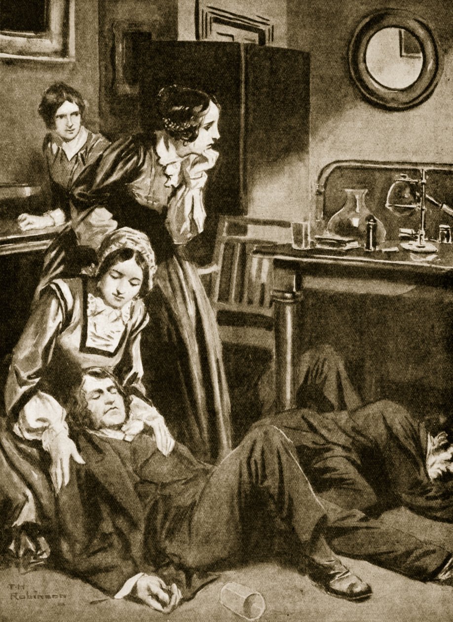 James Simpson et ses assistants découvrent le chloroforme, novembre 1847 (lithographie) - Thomas Heath Robinson