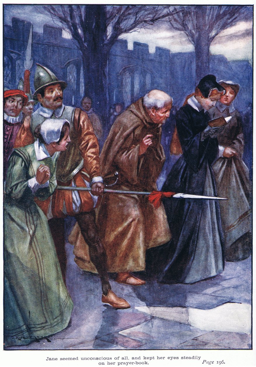 Jane ne semblait pas consciente de tout cela et gardait les yeux fixés sur son livre de prières (lithographie en couleur). - Thomas Heath Robinson