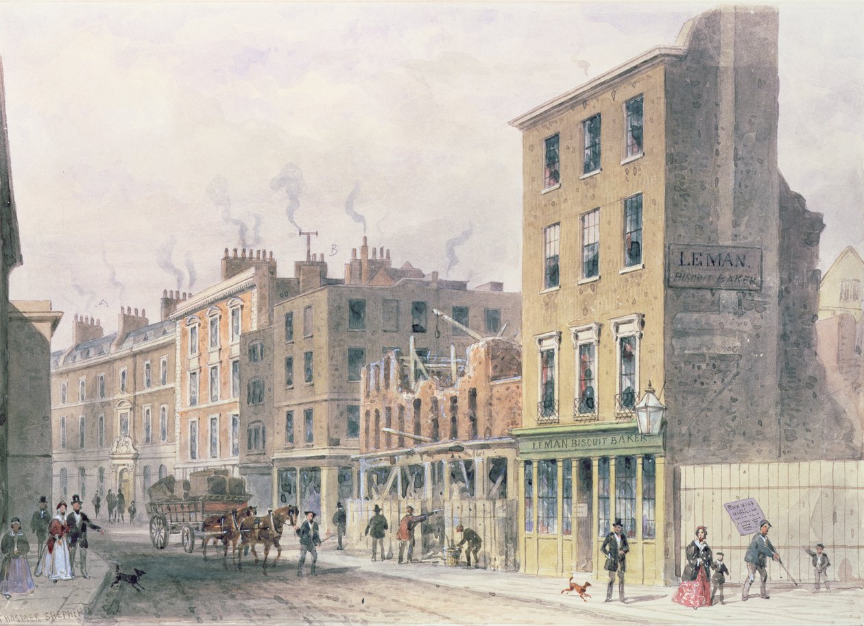 Vue de Threadneedle Street, démolition pour améliorations, Merchant Taylors, Hall ou Alderman Moon Print Shop au coin de Finch Lane - Thomas Hosmer Shepherd