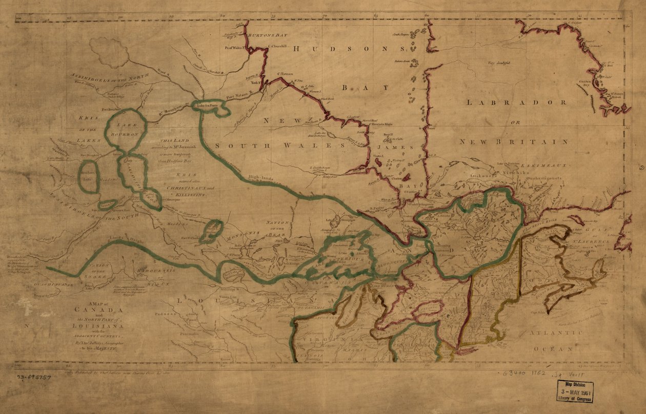 Une carte du Canada et de la partie nord de la Louisiane avec les pays adjacents. LOC 73695757 - Thomas Jefferys