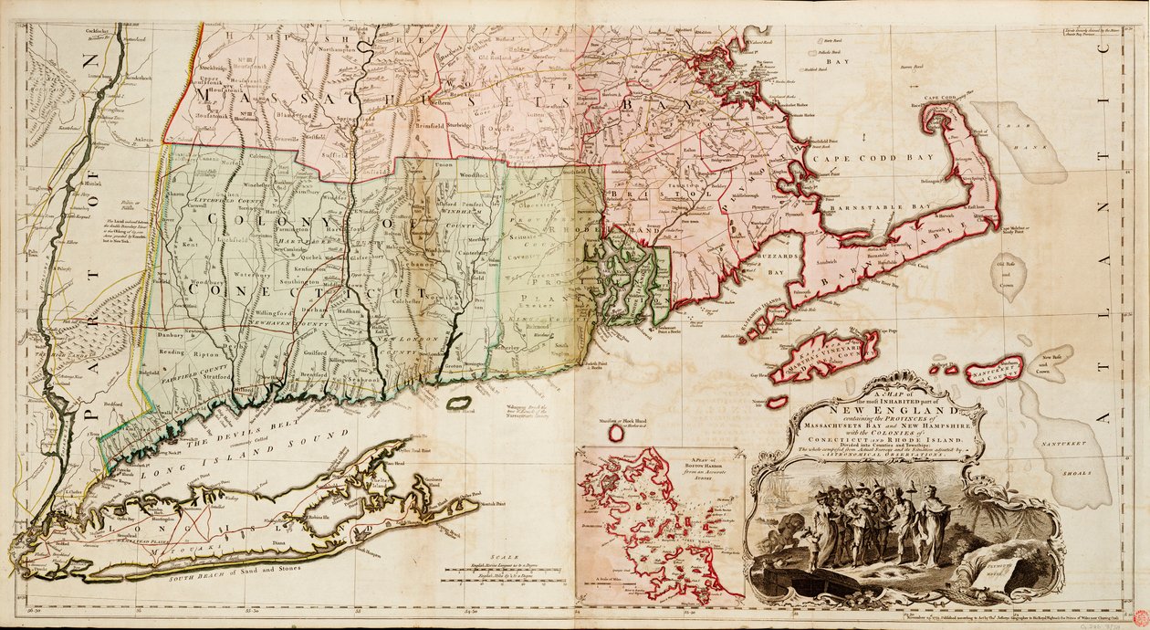 Carte de la partie la plus habitée de la Nouvelle-Angleterre, contenant les provinces de la baie du Massachusetts et du New Hampshire avec les colonies du Connecticut et du Rhode Island - Thomas Jefferys