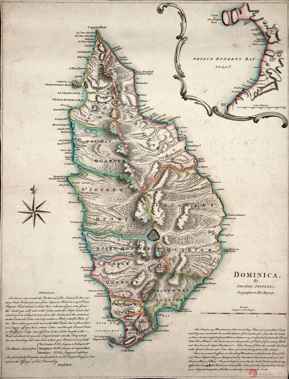 Carte en couleur de la Dominique avec des observations géographiques détaillées - Thomas Jefferys