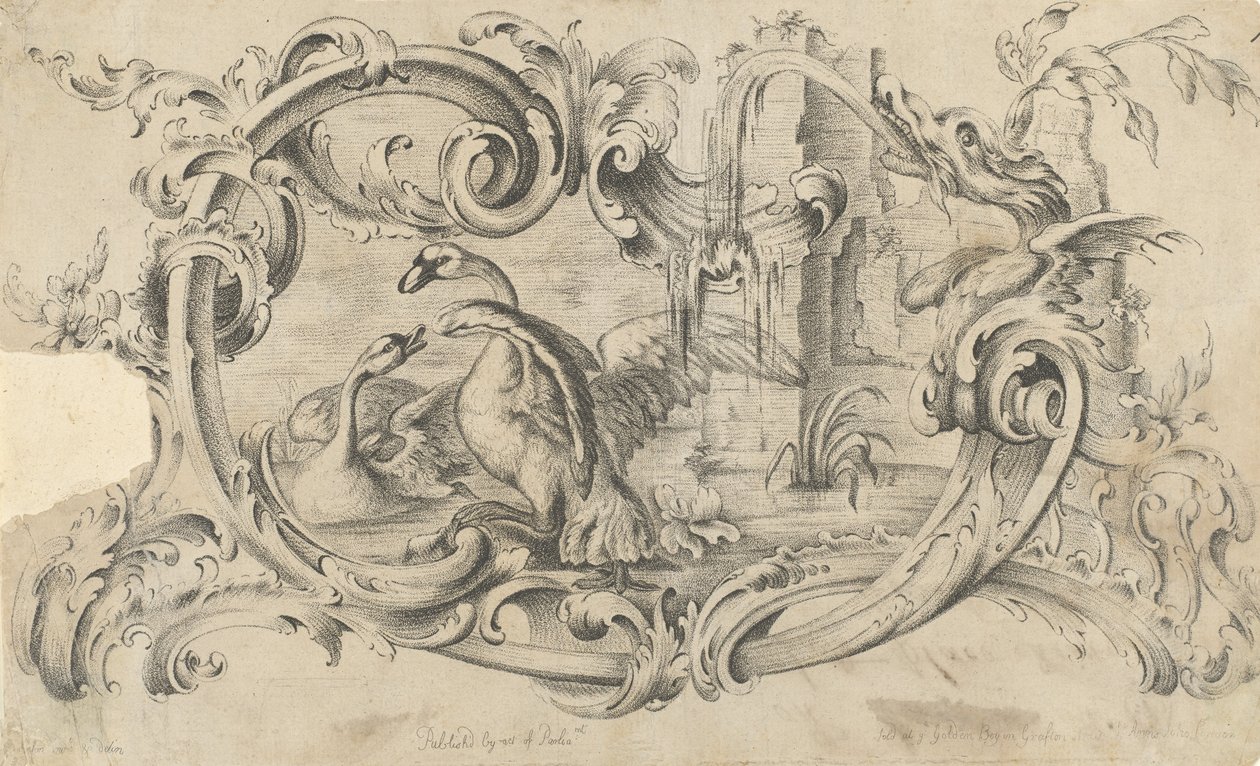 Conception pour une tablette de cheminée avec deux cygnes en combat, Enfermée dans un rouleau..., 1762 - Thomas Johnson