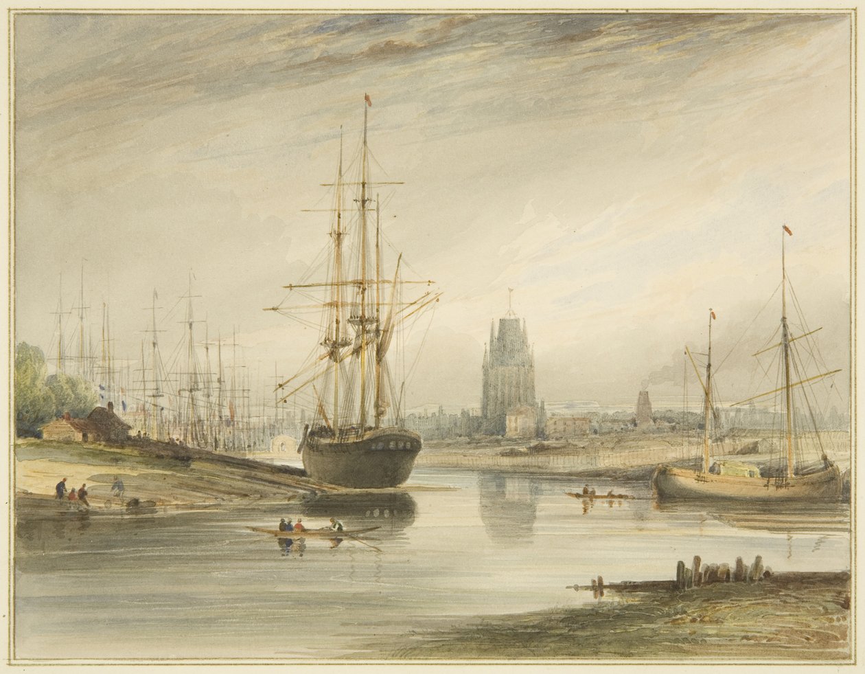Vue remontant la rivière, prise en dessous de Rope Walk et Wapping, vers 1804 - Thomas Leeson the Elder Rowbotham