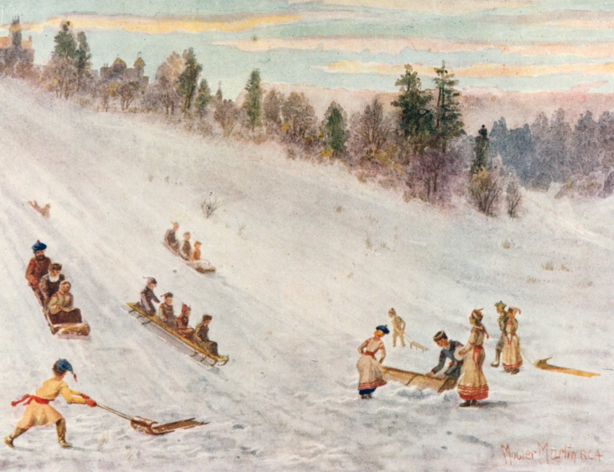 Toboganning à Rosedale, Toronto (lithographie couleur) - Thomas Mower Martin
