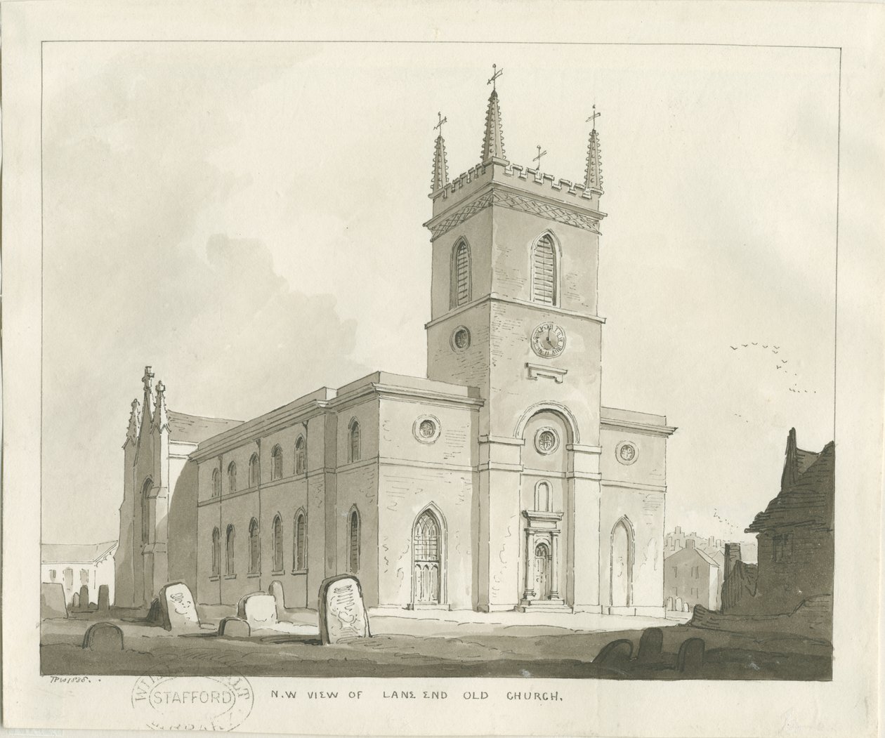 Église de Lane End (Longton): dessin sépia - Thomas Peploe Wood