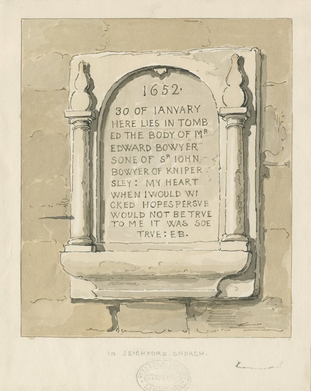 Église de Seighford - Tablette en pierre pour Edward Bowyer : dessin à la sépia, nd [?1838] - Thomas Peploe Wood