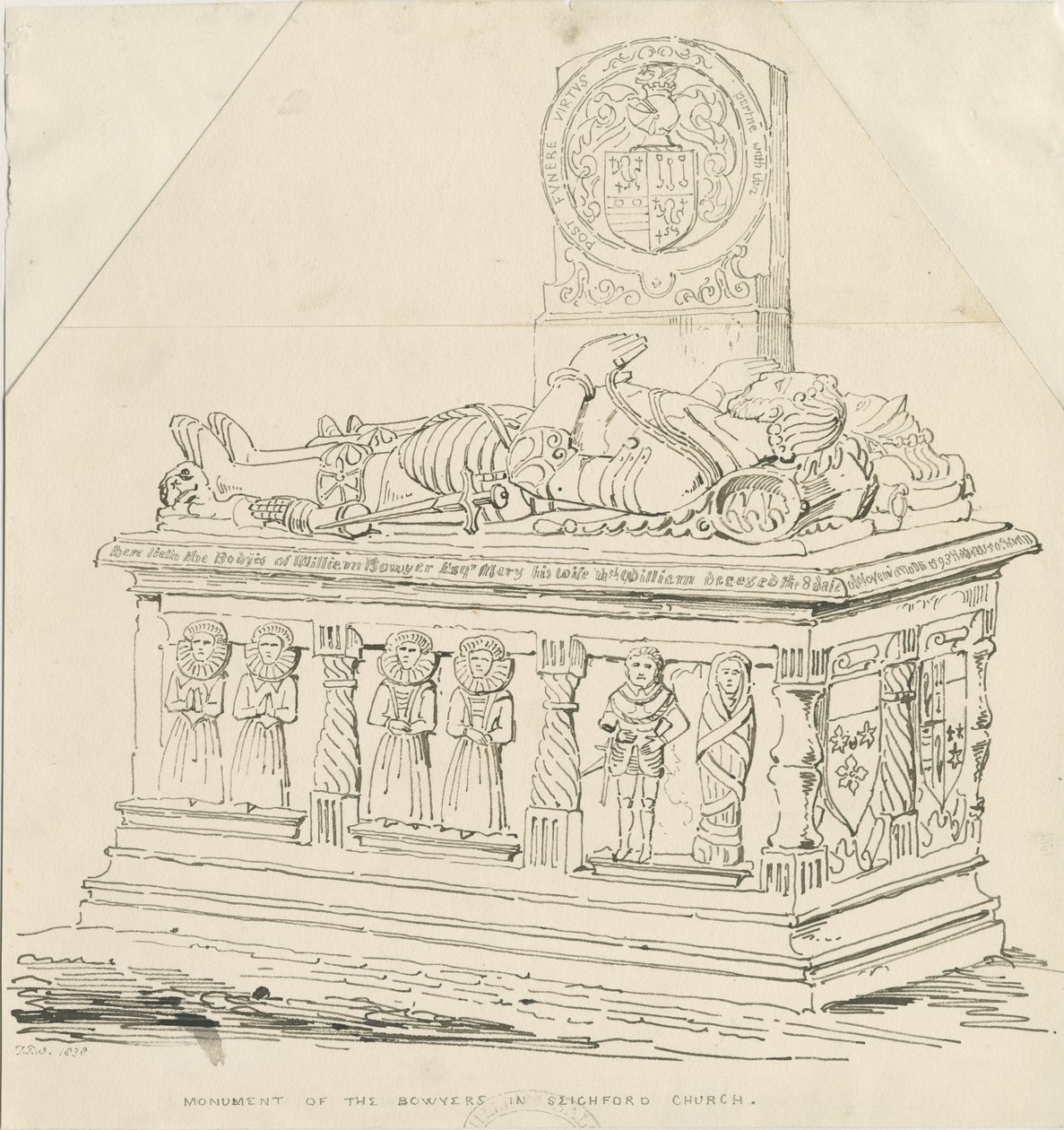 Église de Seighford - Tombe de William et Mercy Bowyer : dessin à la plume et à l