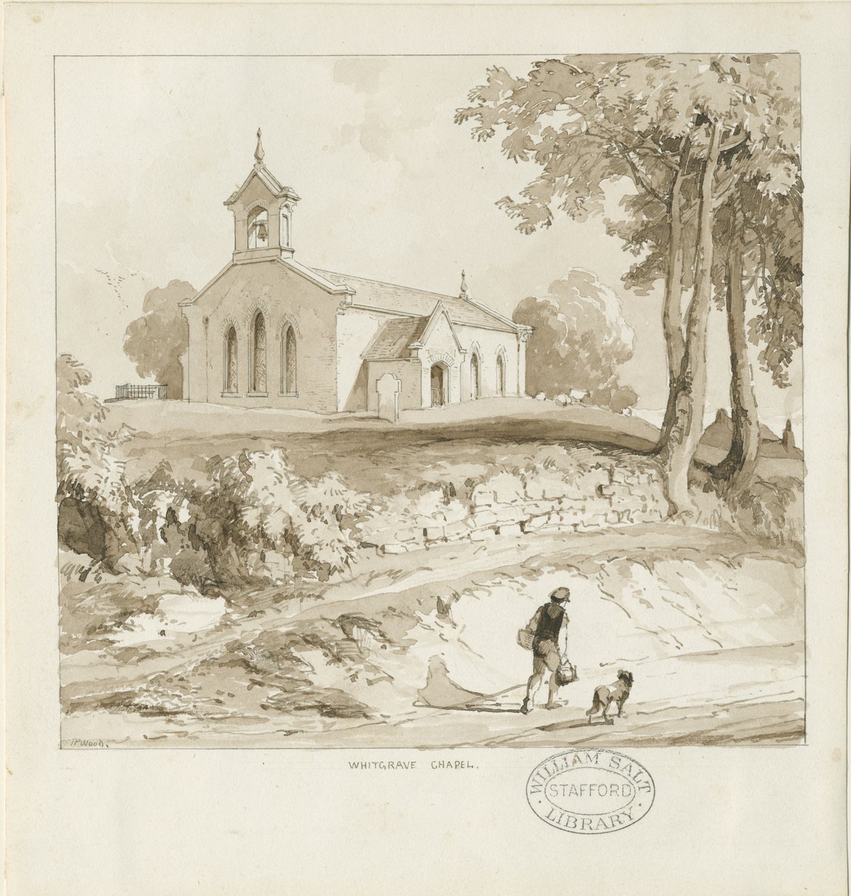 Stafford - Chapelle Whitgreave : dessin à la sépia, nd [c 1838] - Thomas Peploe Wood