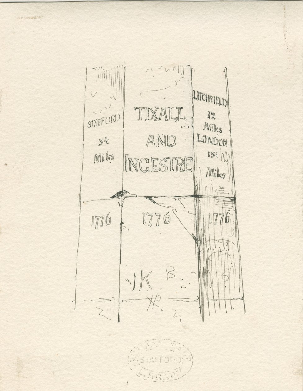 Tixall - Pilier de pierre indiquant les distances : dessin à la plume et à l