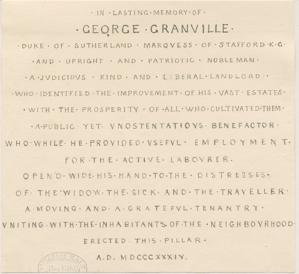 Trentham - Inscription sur le monument au duc de Sutherland - Thomas Peploe Wood
