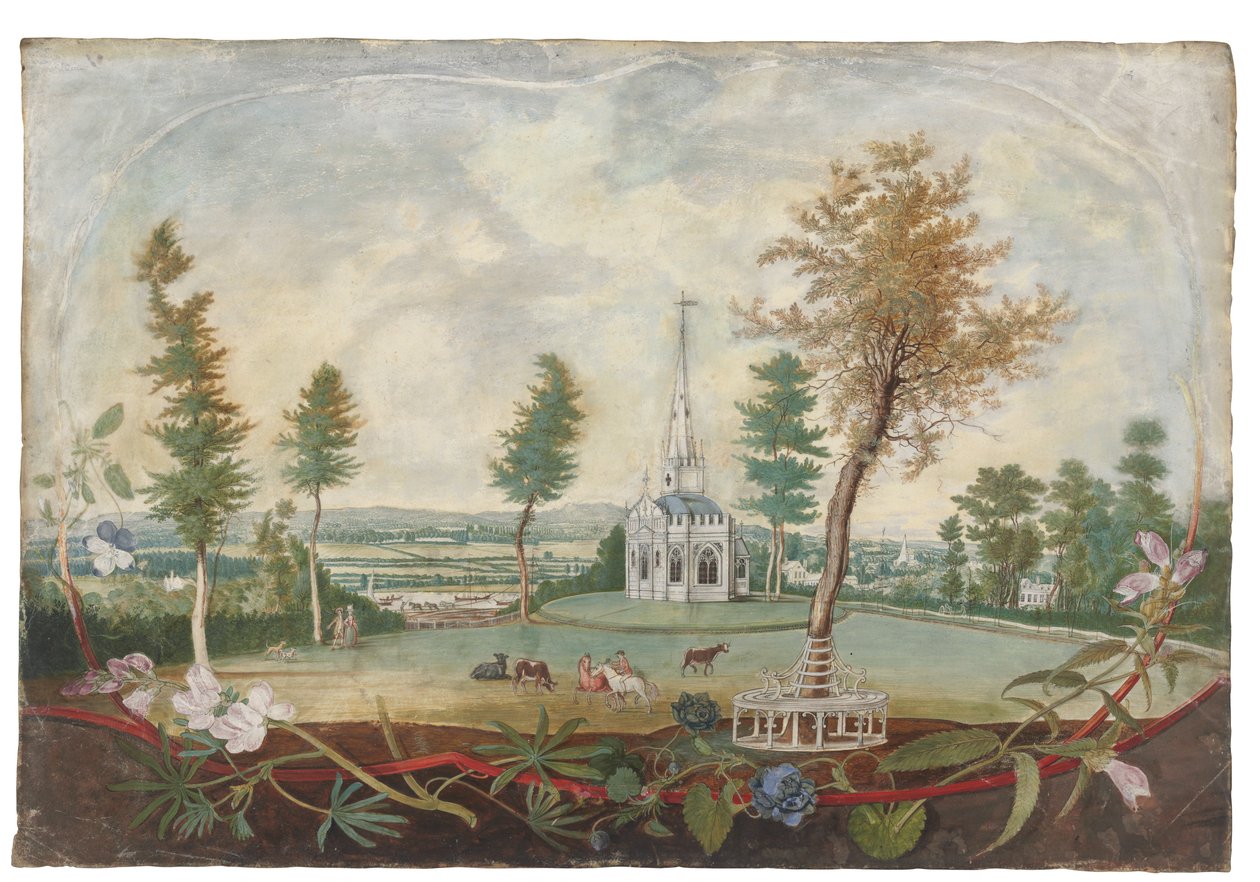 Une chapelle gothique dans un parc étendu, dans un cartouche décoré de fleurs coupées - Thomas Robins
