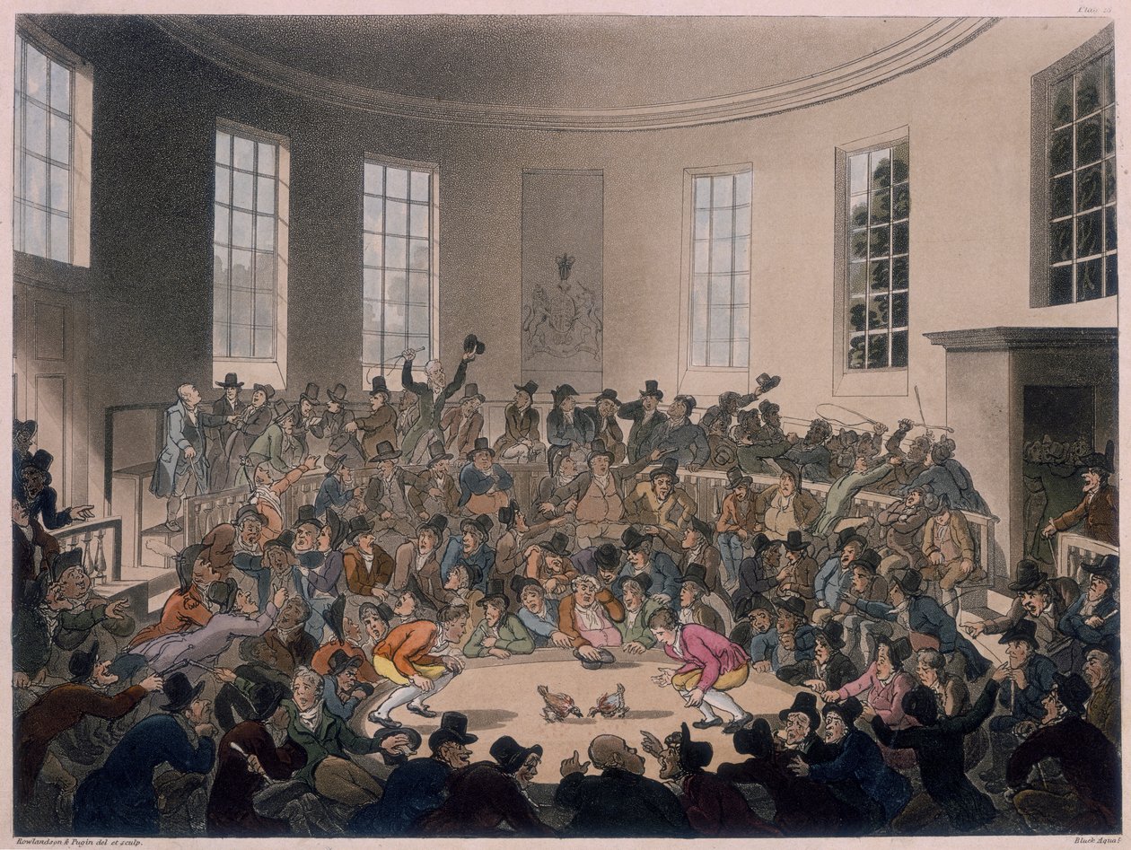 Hommes regardant un combat de coqs, fin 18e-début 19e siècle - Thomas Rowlandson, Augustus Charles Pugin