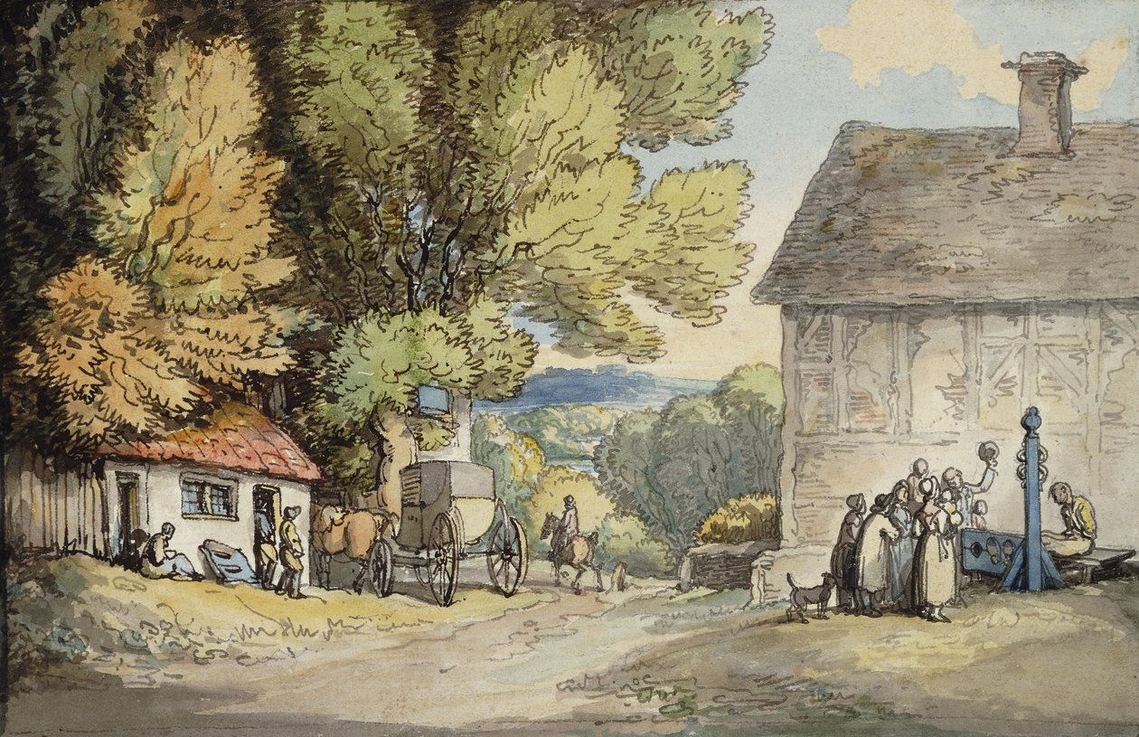 Un village vert : une voiture arrêtée sous un arbre, avec un homme dans les stocks et un groupe de spectateurs - Thomas Rowlandson