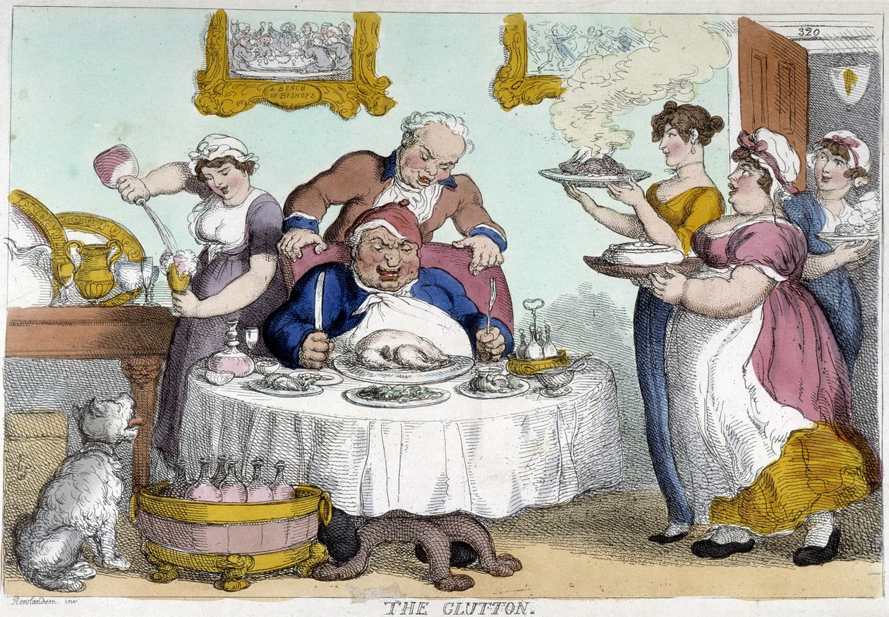 Bourgeois devant un repas pléthorique servi par de nombreux domestiques - caricature de Rowlandson - Thomas Rowlandson