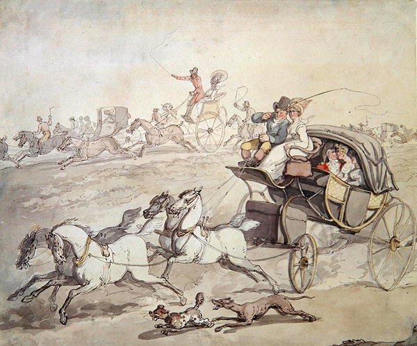 Carrosses et cavaliers à toute vitesse à travers une prairie - Thomas Rowlandson