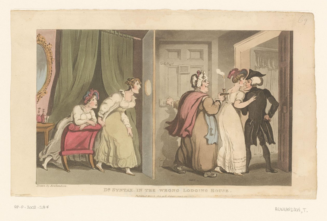 Doctor Syntax est conduit vers une porte par deux femmes - Thomas Rowlandson
