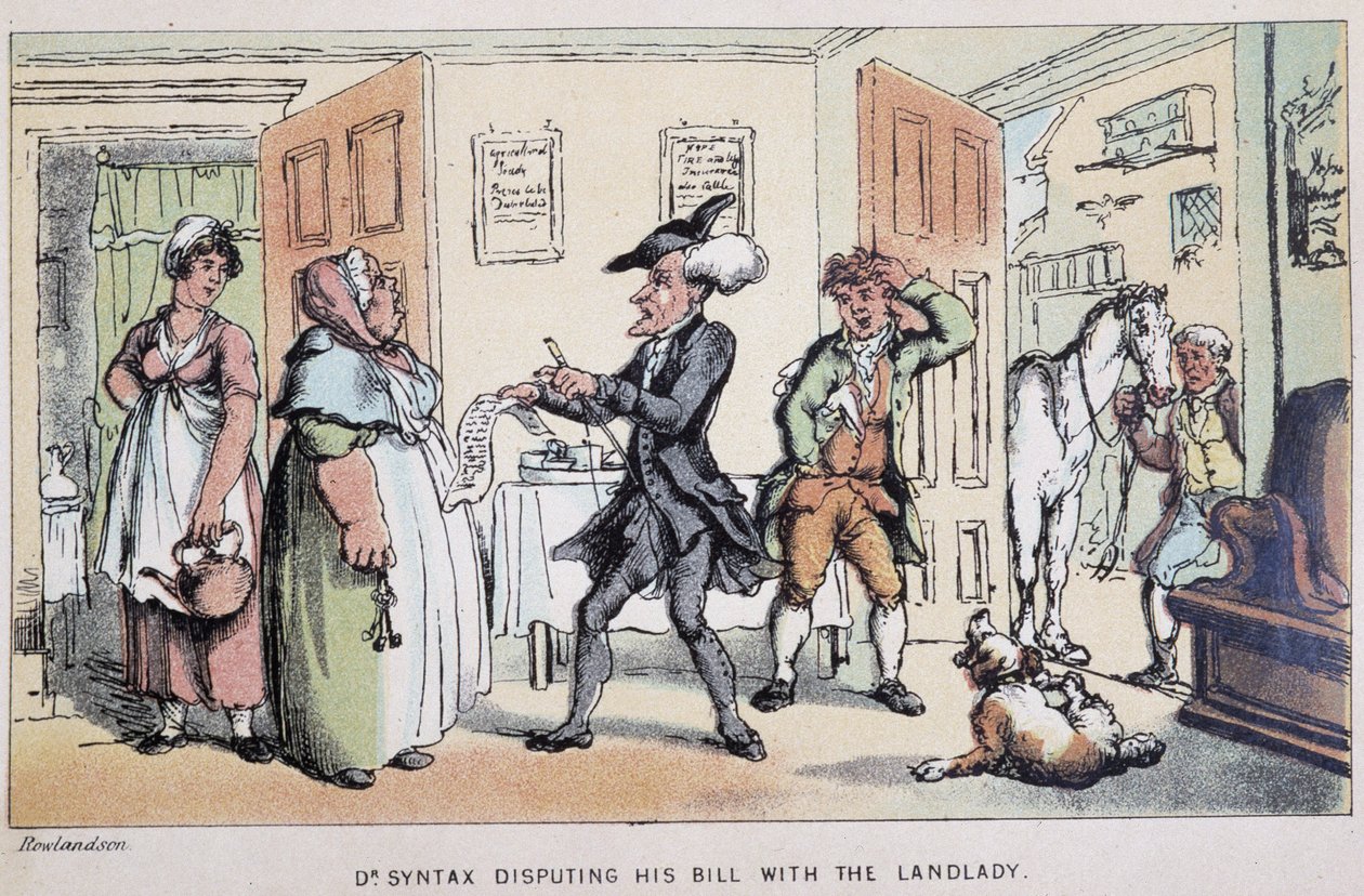 Le docteur disputant une note (dans un hôtel ?) - dans « Les trois tours du docteur Syntax : à la recherche du pittoresque, de la consolation et d