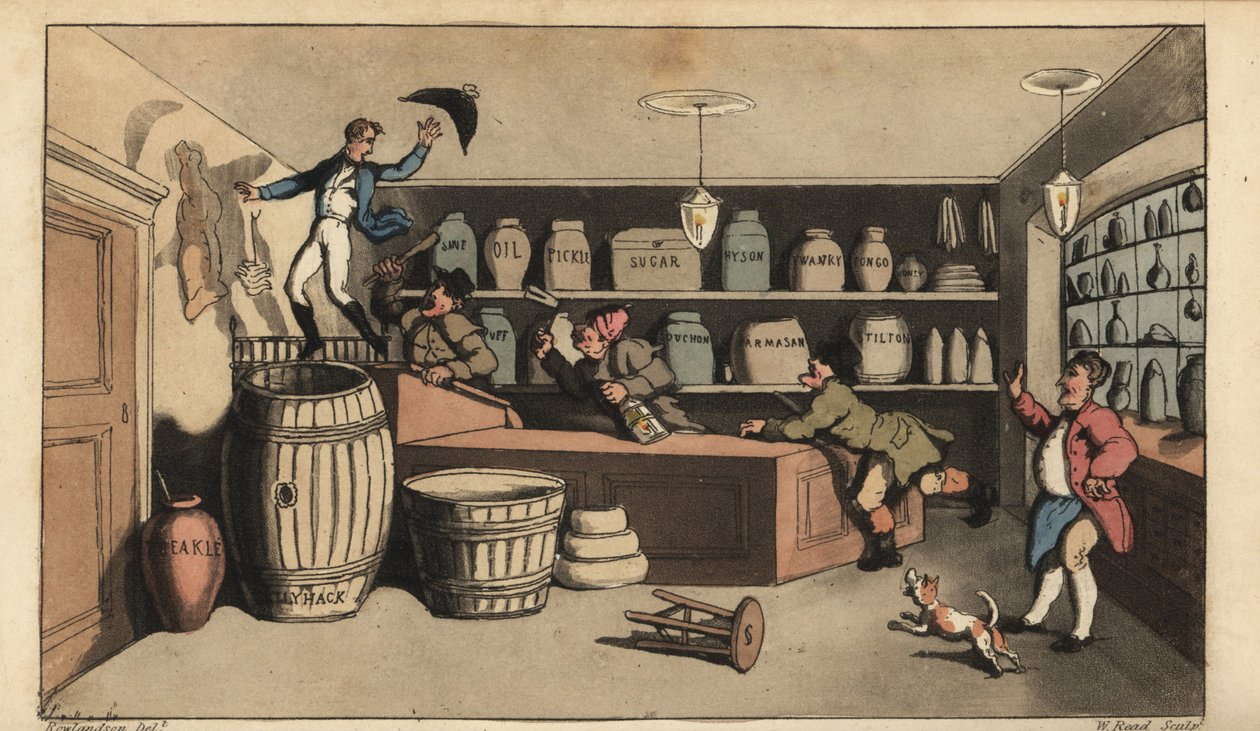 Johnny ivre poursuivi par des veilleurs de nuit dans une épicerie sur le point de tomber dans un tonneau de beurre. Gravure à la main en cuivre par W. Read d