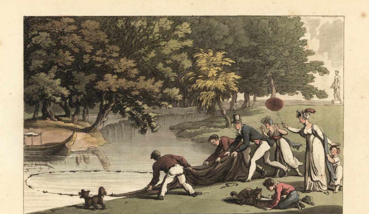 Gentleman anglais et personnel pêchant dans une rivière - Thomas Rowlandson