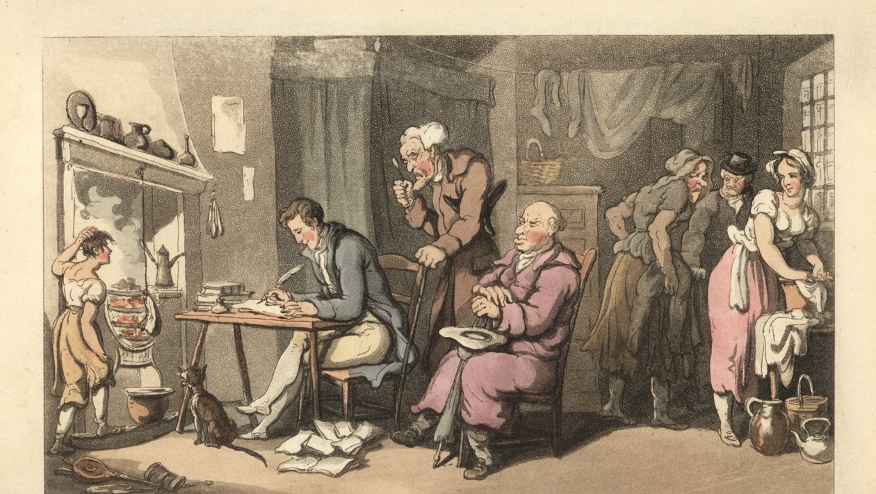 Gentleman anglais écrivant une lettre de mendicité dans un salon décrépit - Thomas Rowlandson