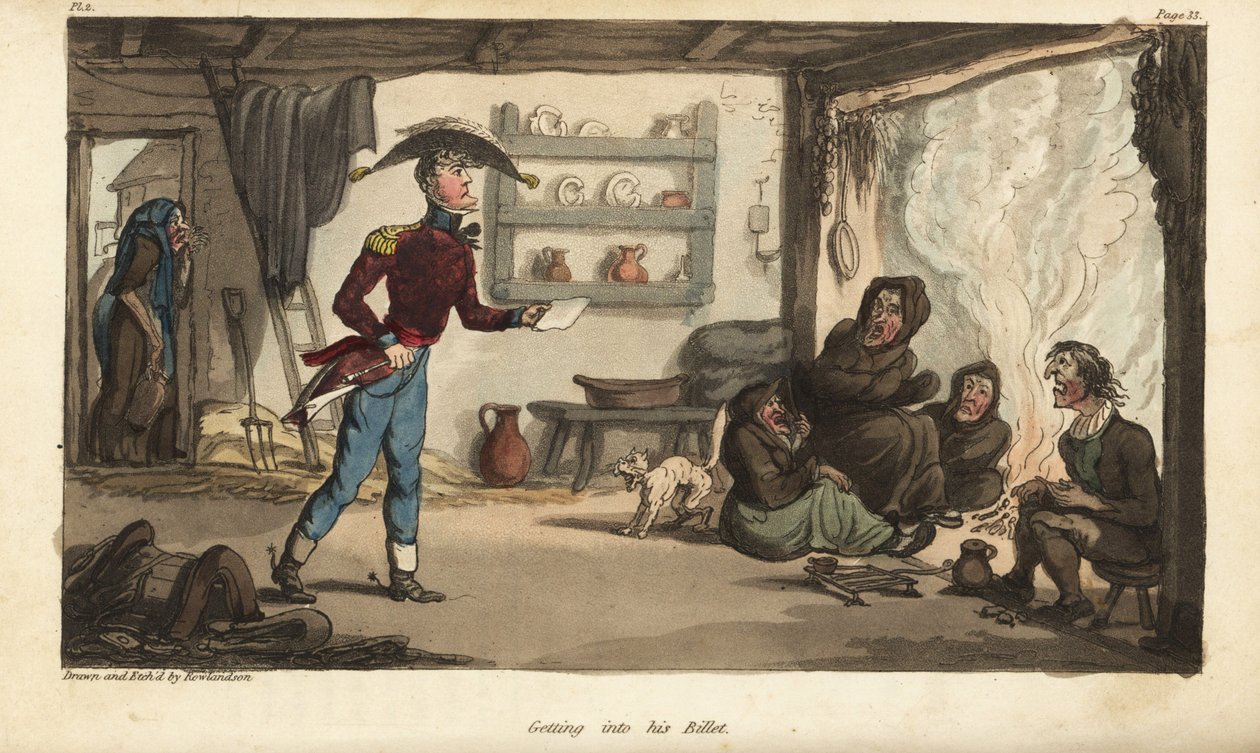 Enseigne Johnny Newcome arrivant à son billet de subalterne au Portugal, un taudis avec des mendiants sales. Gravure à l