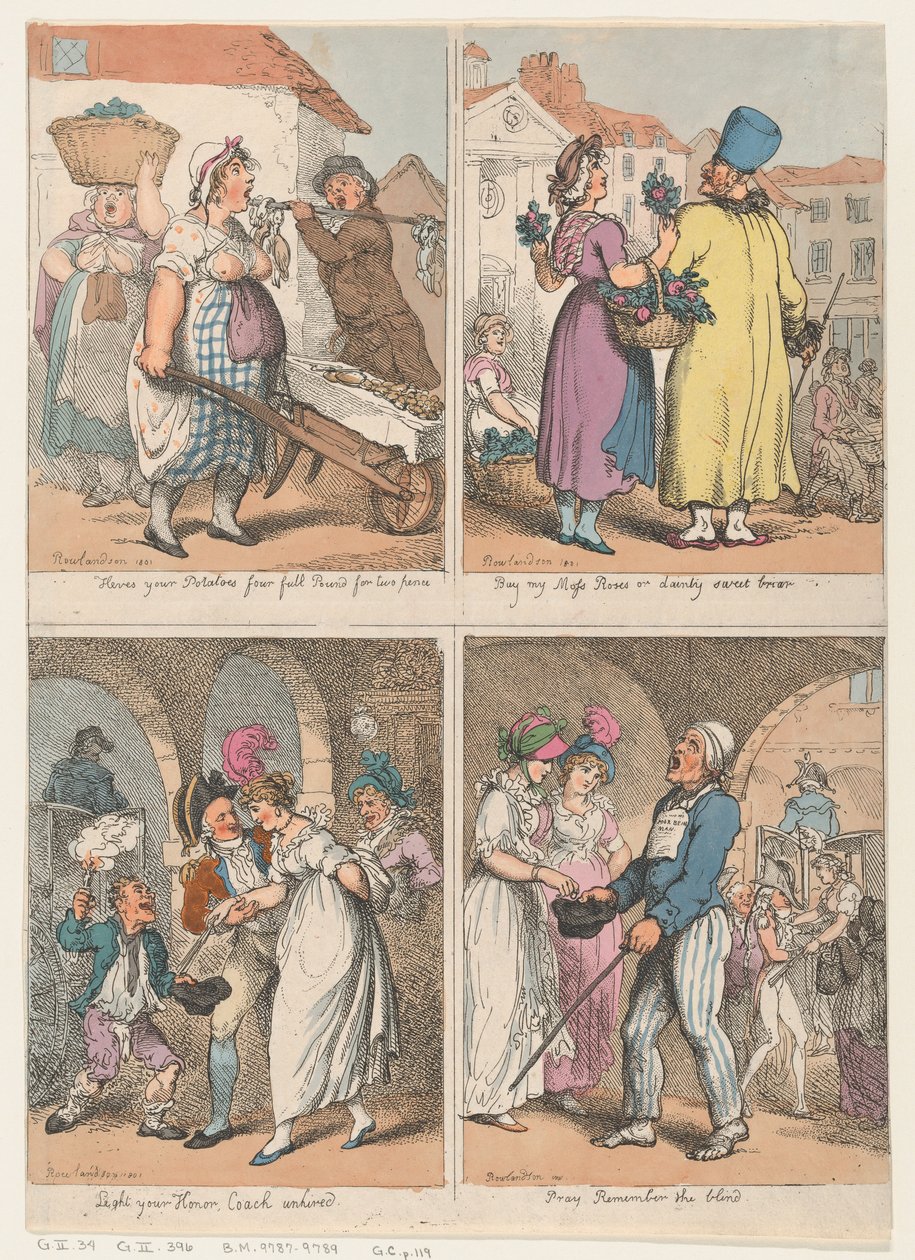 Quatre scènes de la série Cries of London : Voici vos pommes de terre..., Achetez ma mousse..., 1er août 1801 - Thomas Rowlandson