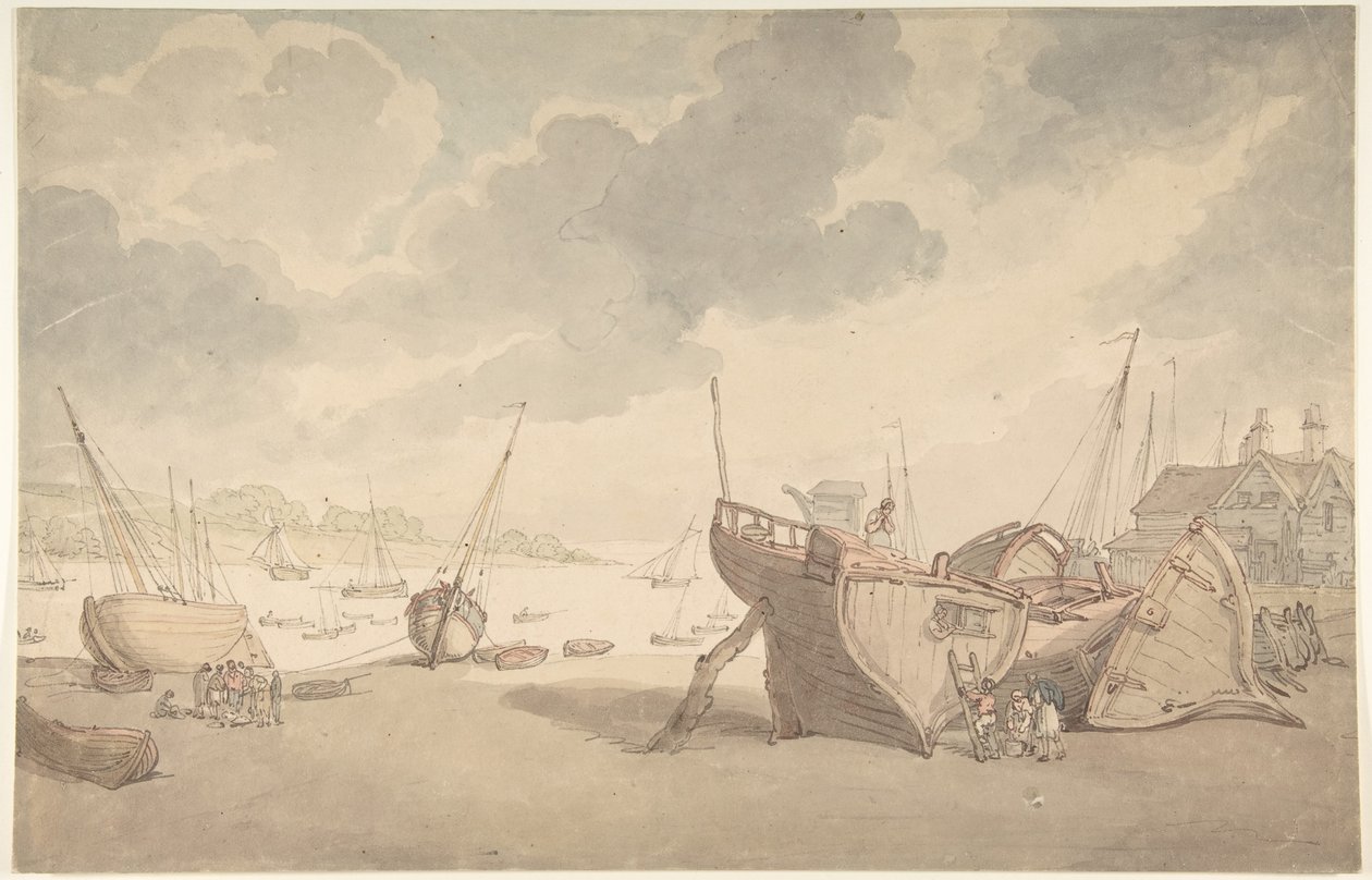 Scène portuaire à marée basse, avec des bateaux échoués sur la plage - Thomas Rowlandson