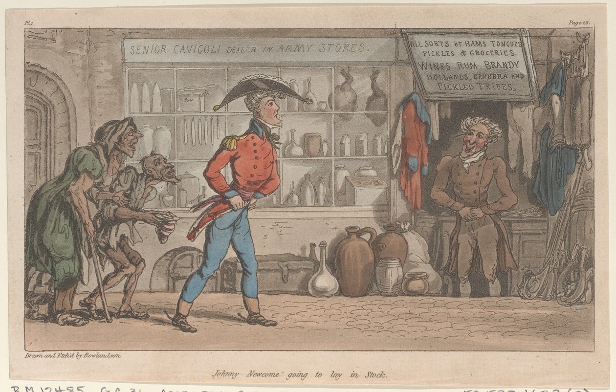 Johnny Newcome allant faire des provisions, des Aventures militaires de Johnny Newcome, 1815 - Thomas Rowlandson