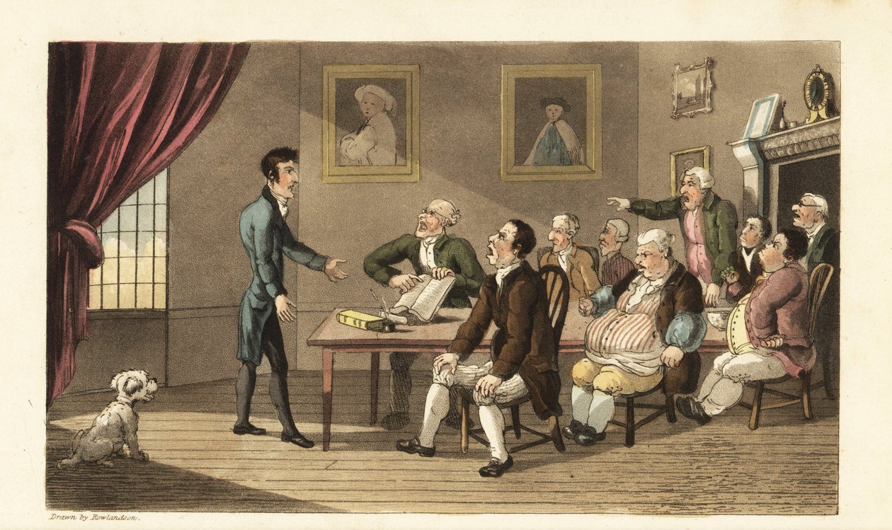Johnny et ses créanciers. Le pauvre gentleman fait face à une salle pleine de commerçants et de boutiquiers exigeant le remboursement de ses dettes. Gravure à la main par Thomas Rowlandson tirée de The History of Johnny Quae Genus de William Combe, le peti - Thomas Rowlandson