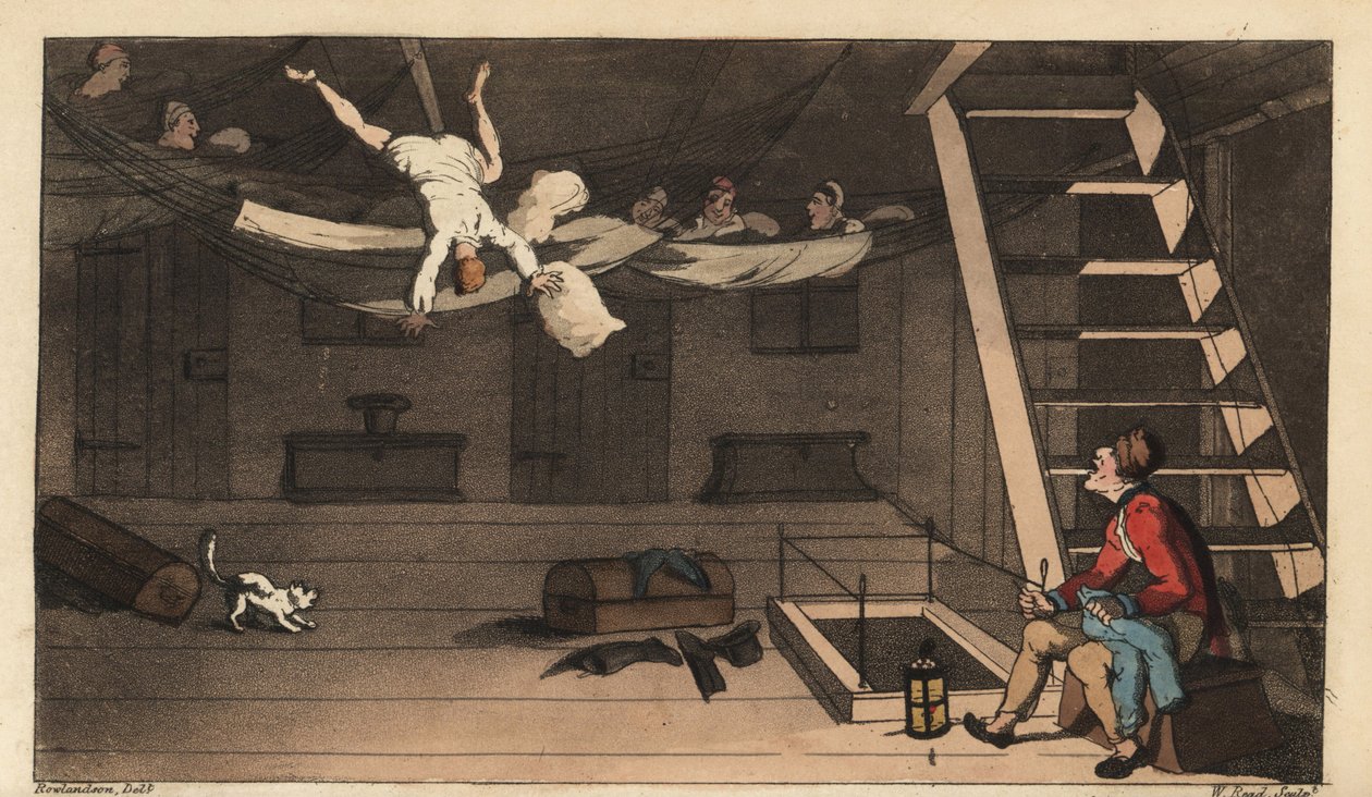 Johnny tombe de son hamac dans sa cabine. Gravure à la main en cuivre par W. Read d