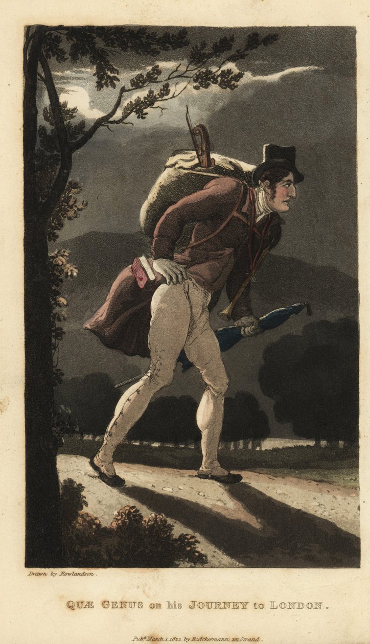 Johnny marchant sur la route éclairée par la lune vers Londres. Il a un sac à dos avec un violon, un livre dans la poche de son manteau et porte un parapluie. Gravure à la main en cuivre par Thomas Rowlandson tirée de The History of Johnny Quae Genus de Wi - Thomas Rowlandson