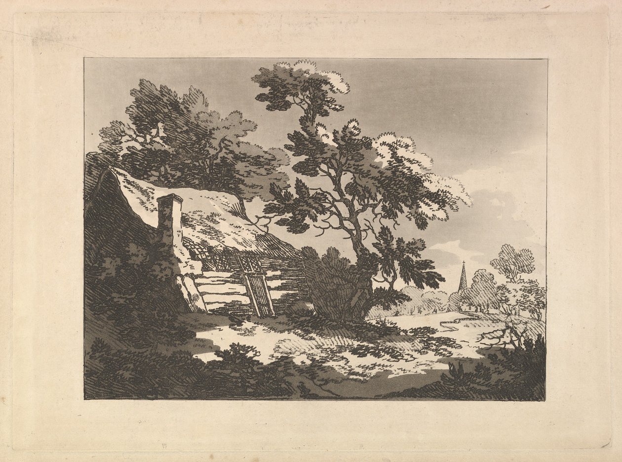 Paysage avec une petite maison nichée parmi les arbres à gauche et le clocher d