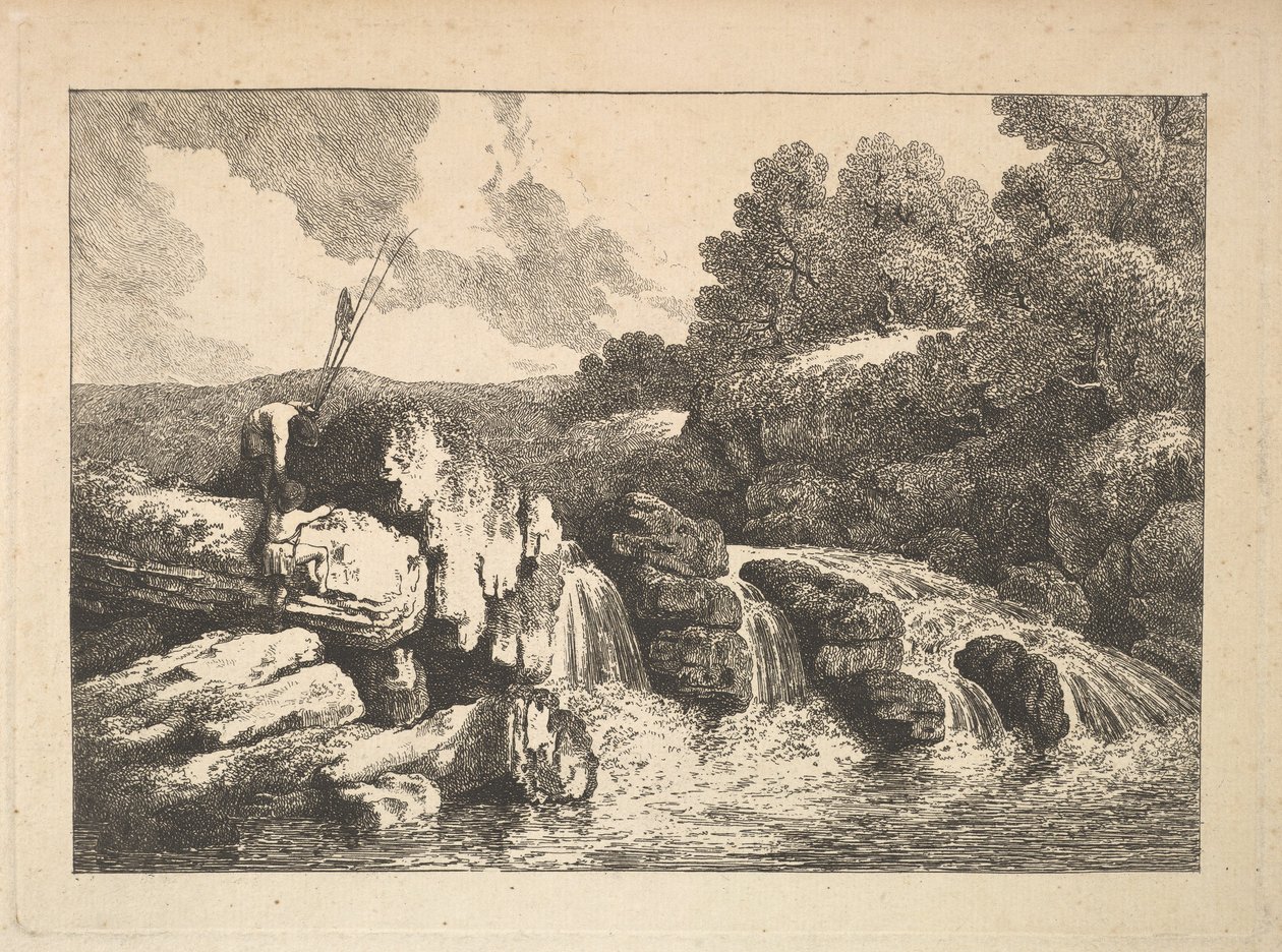 Paysage avec deux pêcheurs grimpant sur des rochers près d