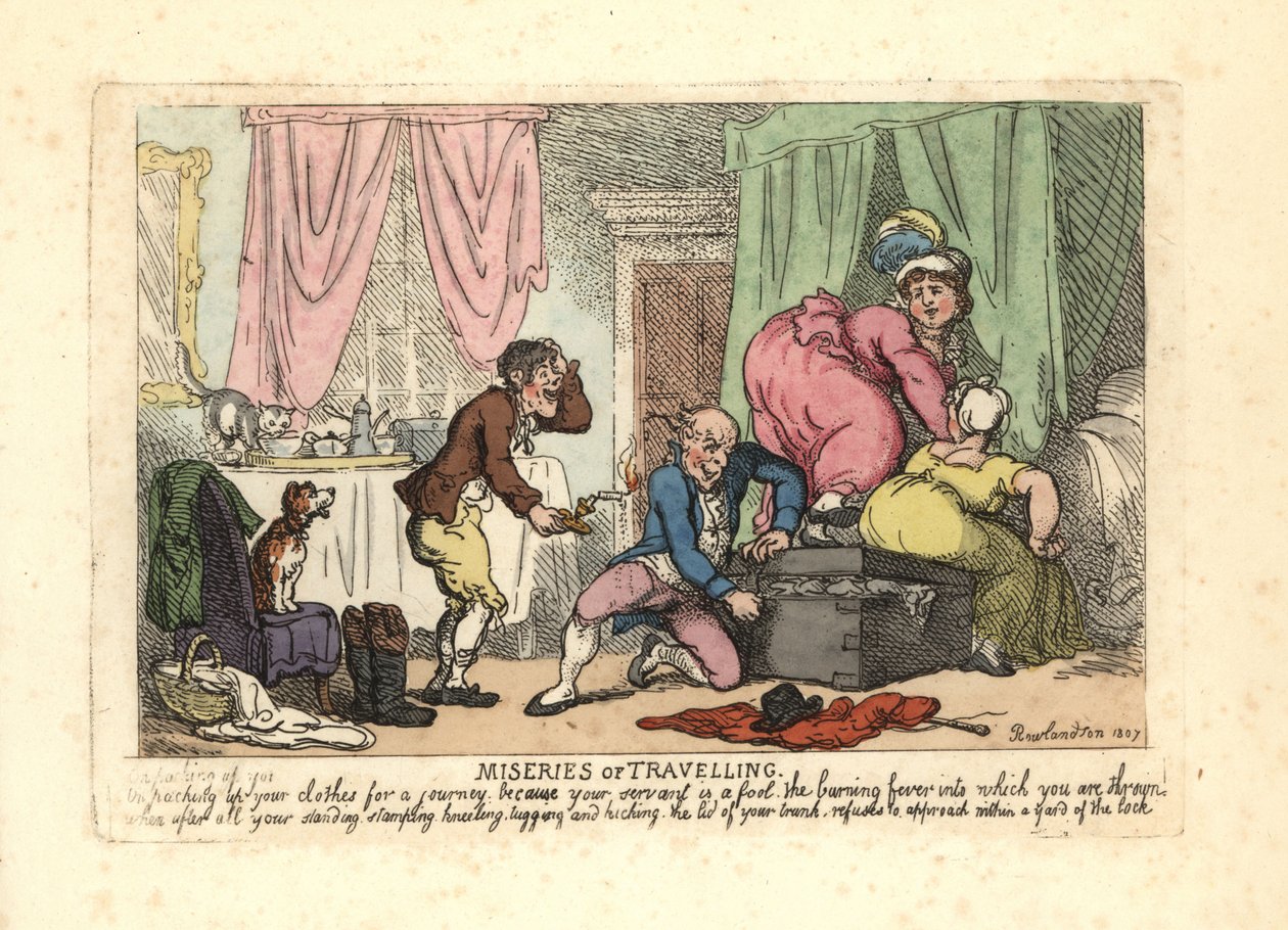 Homme et deux femmes essayant de fermer une malle pleine - Thomas Rowlandson