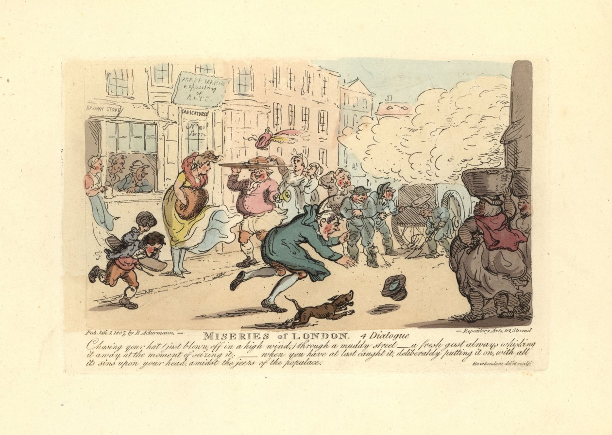 Homme poursuivant son chapeau dans une rue boueuse par grand vent - Thomas Rowlandson