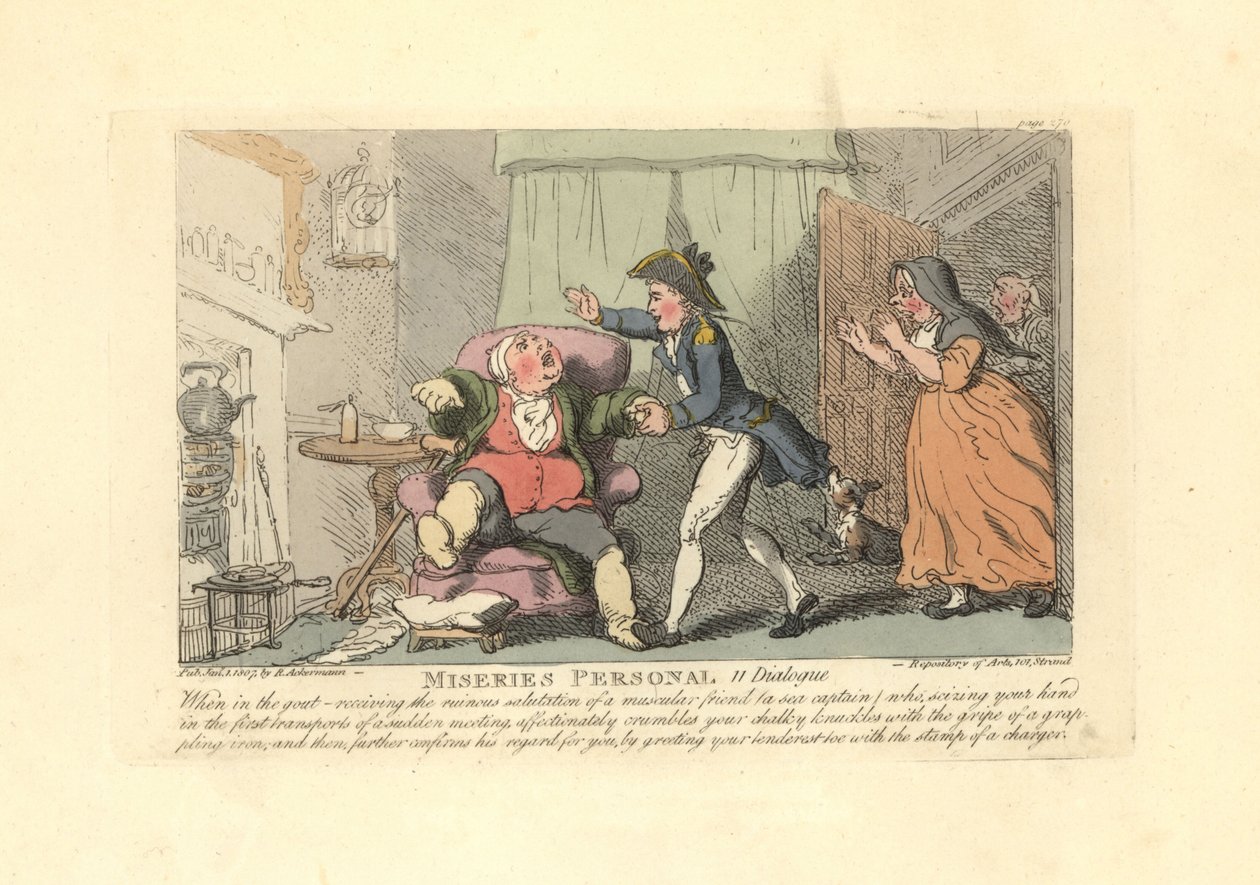 Homme souffrant de goutte accueilli douloureusement par un marin - Thomas Rowlandson